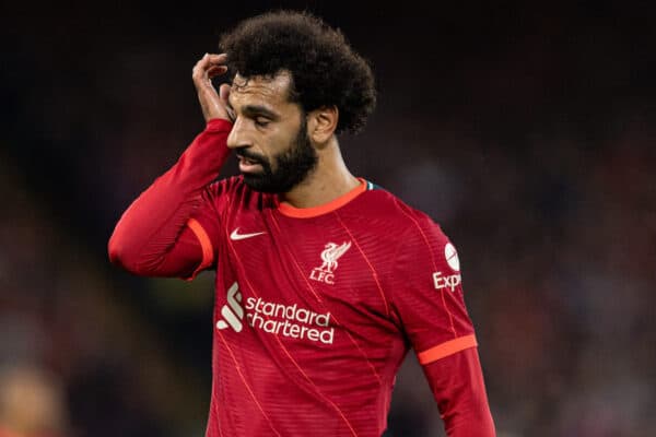 LIVERPOOL, ENGLAND - Wednesday, September 15, 2021: Liverpool's Mohamed Salah looks dejected during the UEFA Champions League Group B Matchday 1 game between Liverpool FC and AC Milan at Anfield. Liverpool won 3-2. (Pic by Paul Currie/Propaganda)