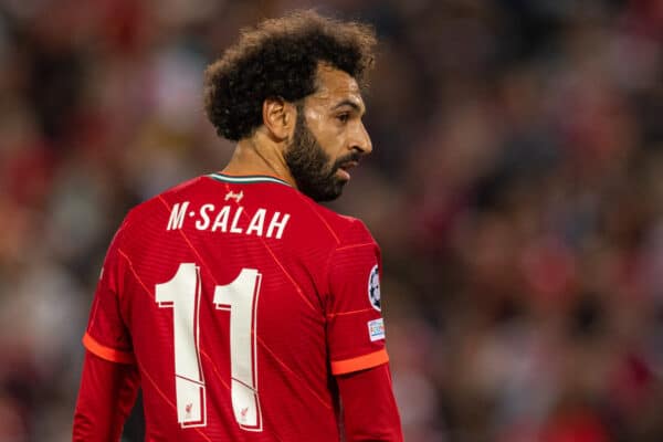 LIVERPOOL, ENGLAND - Wednesday, September 15, 2021: Liverpool's Mohamed Salah during the UEFA Champions League Group B Matchday 1 game between Liverpool FC and AC Milan at Anfield. Liverpool won 3-2. (Pic by Paul Currie/Propaganda)