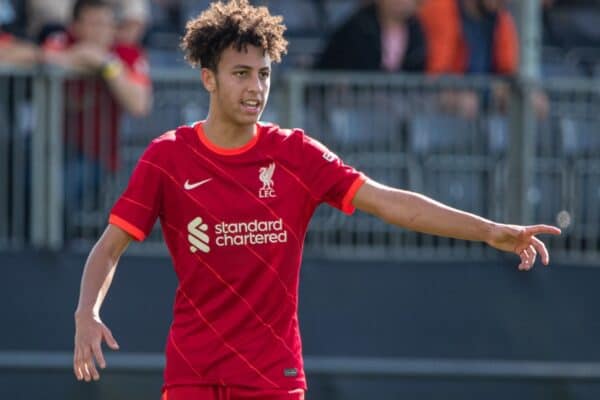 LIVERPOOL, ENGLAND - Wednesday, September 15, 2021: Liverpool's Kaide Gordon during the UEFA Youth League Group B Matchday 1 game between Liverpool FC Under19's and AC Milan Under 19's at the Liverpool Academy. Liverpool won 1-0. (Pic by David Rawcliffe/Propaganda)