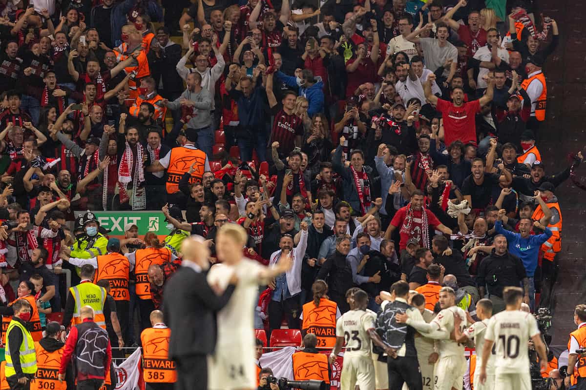 LIVERPOOL, ENGLAND - Wednesday, September 15, 2021: AC Milan supporters celebrate an equalising goal by Ante Rebic? during the UEFA Champions League Group B Matchday 1 game between Liverpool FC and AC Milan at Anfield. Liverpool won 3-2. (Pic by Paul Currie/Propaganda)