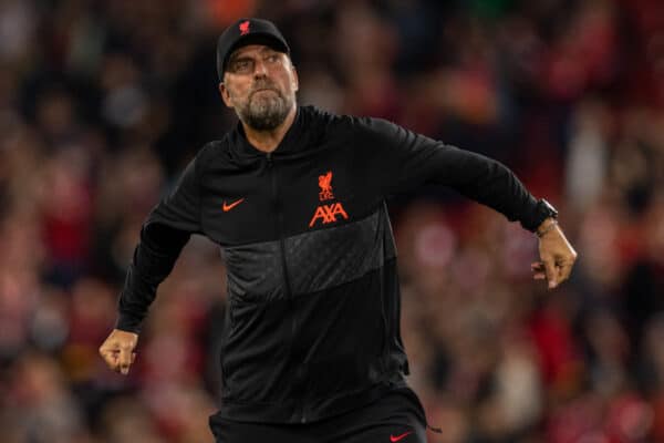 LIVERPOOL, ENGLAND - Wednesday, September 15, 2021: Liverpool's manager Jürgen Klopp celebrates with an air punch to the supporters after the UEFA Champions League Group B Matchday 1 game between Liverpool FC and AC Milan at Anfield. Liverpool won 3-2. (Pic by Paul Currie/Propaganda)