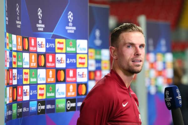 LIVERPOOL, ENGLAND - Wednesday, September 15, 2021: Liverpool's captain Jordan Henderson gives an interview after the UEFA Champions League Group B Matchday 1 game between Liverpool FC and AC Milan at Anfield. (Pic by UEFA)