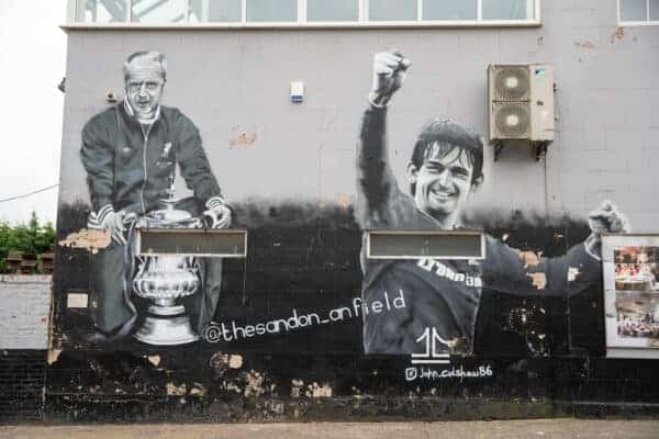 LIVERPOOL, ENGLAND - Saturday, September 18, 2021: A street art mural of former Liverpool managers Bill Shankly and Kenny Dalglish pictured before the FA Premier League match between Liverpool FC and Crystal Palace FC at Anfield. Liverpool won 3-0. (Pic by David Rawcliffe/Propaganda)