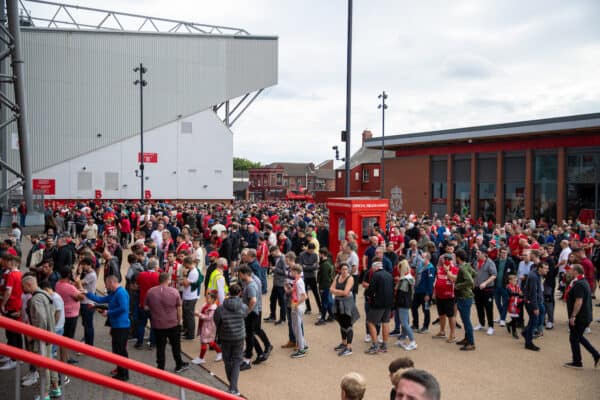 LIVERPOOL, ENGLAND - Saturday, September 18, 2021: Liverpool supporters queue up to enter the ground before the FA Premier League match between Liverpool FC and Crystal Palace FC at Anfield. Liverpool won 3-0. (Pic by David Rawcliffe/Propaganda)