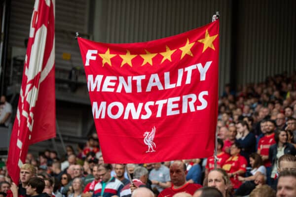 LIVERPOOL, ENGLAND - Saturday, September 18, 2021: Liverpool supporters' banner "Mentality Monsters" on the Spion Kop before the FA Premier League match between Liverpool FC and Crystal Palace FC at Anfield. Liverpool won 3-0. (Pic by David Rawcliffe/Propaganda)