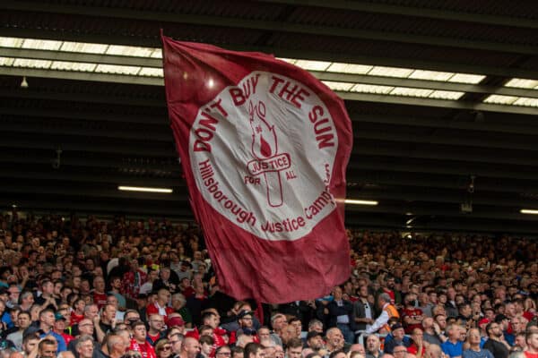 LIVERPOOL, ENGLAND - Saturday, September 18, 2021: Liverpool supporters' banner "Don't Buy The Sun" on the Spion Kop before the FA Premier League match between Liverpool FC and Crystal Palace FC at Anfield. Liverpool won 3-0. (Pic by David Rawcliffe/Propaganda)