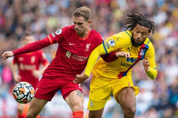 LIVERPOOL, ENGLAND - Saturday, September 18, 2021: Liverpool's captain Jordan Henderson (L) and Crystal Palace's Jaïro Riedewald during the FA Premier League match between Liverpool FC and Crystal Palace FC at Anfield. Liverpool won 3-0. (Pic by David Rawcliffe/Propaganda)