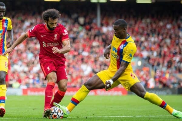 LIVERPOOL, ENGLAND - Saturday, September 18, 2021: Liverpool's Mohamed Salah (L) is challenged by Crystal Palace's Marc Guéhi during the FA Premier League match between Liverpool FC and Crystal Palace FC at Anfield. Liverpool won 3-0. (Pic by David Rawcliffe/Propaganda)