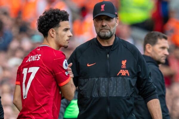 LIVERPOOL, ENGLAND - Saturday, September 18, 2021: Liverpool's manager Jürgen Klopp prepares to bring on substitute Curtis Jones during the FA Premier League match between Liverpool FC and Crystal Palace FC at Anfield. Liverpool won 3-0. (Pic by David Rawcliffe/Propaganda)