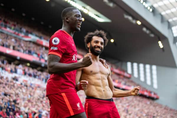 LIVERPOOL, ENGLAND - Saturday, September 18, 2021: Liverpool's Mohamed Salah (R) celebrates with team-mate Ibrahima Konaté (R) after scoring the second goal, his 101st in the Premier League, during the FA Premier League match between Liverpool FC and Crystal Palace FC at Anfield. Liverpool won 3-0. (Pic by David Rawcliffe/Propaganda)