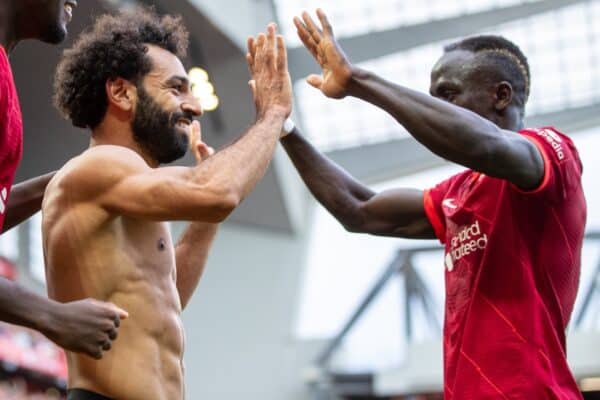 LIVERPOOL, ENGLAND - Saturday, September 18, 2021: Liverpool's Mohamed Salah (C) celebrates with team-mates Ibrahima Konaté (L) and Sadio Mané (R) after scoring the second goal, his 101st in the Premier League, during the FA Premier League match between Liverpool FC and Crystal Palace FC at Anfield. Liverpool won 3-0. (Pic by David Rawcliffe/Propaganda)