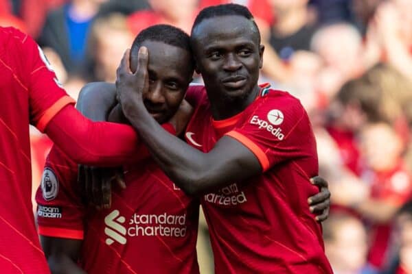 LIVERPOOL, ENGLAND - Saturday, September 18, 2021: Liverpool's Naby Keita (2nd from R) celebrates with team-mate Sadio Mané after scoring the third goal during the FA Premier League match between Liverpool FC and Crystal Palace FC at Anfield. Liverpool won 3-0. (Pic by David Rawcliffe/Propaganda)