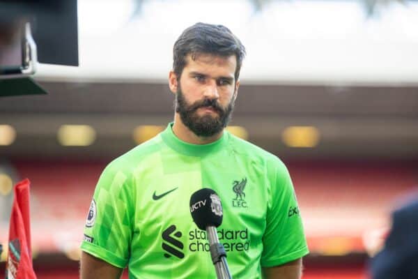 LIVERPOOL, ENGLAND - Saturday, September 18, 2021: Liverpool's goalkeeper Alisson Becker speaks to LFC.TV after the FA Premier League match between Liverpool FC and Crystal Palace FC at Anfield. Liverpool won 3-0. (Pic by David Rawcliffe/Propaganda)