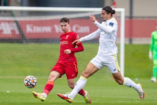 LIVERPOOL, ENGLAND - Sunday, September 19, 2021: Liverpool's Mateusz Musialowski (L) and Leeds United's Pascal Struijk during the Premier League 2 Division 1 match between Liverpool FC Under-23's and Leeds United AFC Under-23's at the Liverpool Academy. Leeds United won 4-0. (Pic by David Rawcliffe/Propaganda)