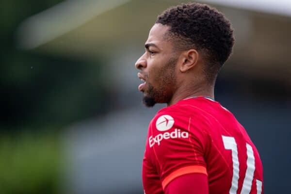 LIVERPOOL, ENGLAND - Sunday, September 19, 2021: Liverpool's substitute Elijah Dixon-Bonner during the Premier League 2 Division 1 match between Liverpool FC Under-23's and Leeds United AFC Under-23's at the Liverpool Academy. Leeds United won 4-0. (Pic by David Rawcliffe/Propaganda)