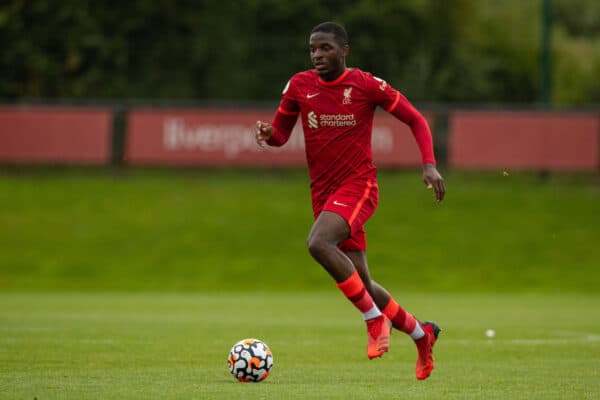 LIVERPOOL, ENGLAND - Sunday, September 19, 2021: Liverpool's Billy Koumetio during the Premier League 2 Division 1 match between Liverpool FC Under-23's and Leeds United AFC Under-23's at the Liverpool Academy. Leeds United won 4-0. (Pic by David Rawcliffe/Propaganda)