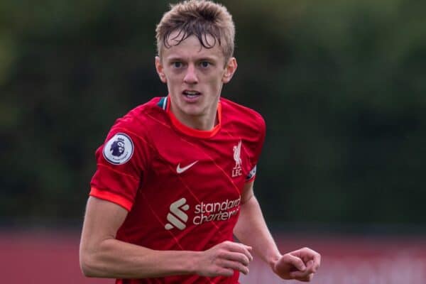 LIVERPOOL, ENGLAND - Sunday, September 19, 2021: Liverpool's captain Tom Clayton during the Premier League 2 Division 1 match between Liverpool FC Under-23's and Leeds United AFC Under-23's at the Liverpool Academy. Leeds United won 4-0. (Pic by David Rawcliffe/Propaganda)