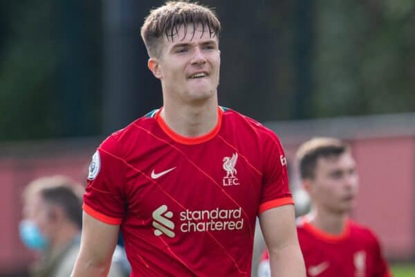 LIVERPOOL, ENGLAND - Sunday, September 19, 2021: Liverpool's substitute Morgan Boyes looks dejected at the final whistle during the Premier League 2 Division 1 match between Liverpool FC Under-23's and Leeds United AFC Under-23's at the Liverpool Academy. Leeds United won 4-0. (Pic by David Rawcliffe/Propaganda)