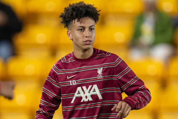 NORWICH, ENGLAND - Tuesday, September 21, 2021: Liverpool's Kaide Gordon during the pre-match warm-up before the Football League Cup 3rd Round match between Norwich City FC and Liverpool FC at Carrow Road. Liverpool won 3-0. (Pic by David Rawcliffe/Propaganda)