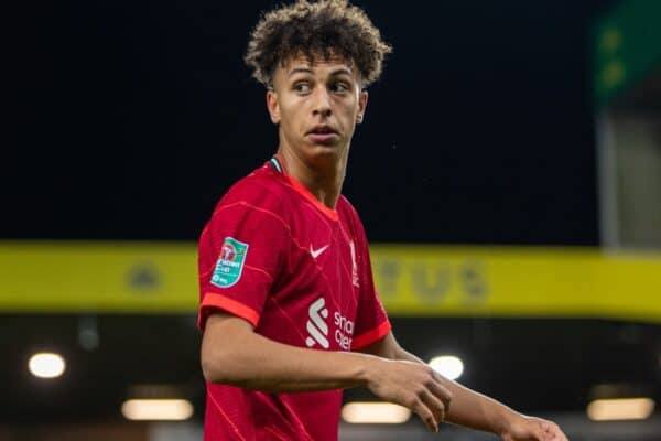 NORWICH, ENGLAND - Tuesday, September 21, 2021: Liverpool's Kaide Gordon during the Football League Cup 3rd Round match between Norwich City FC and Liverpool FC at Carrow Road. Liverpool won 3-0. (Pic by David Rawcliffe/Propaganda)