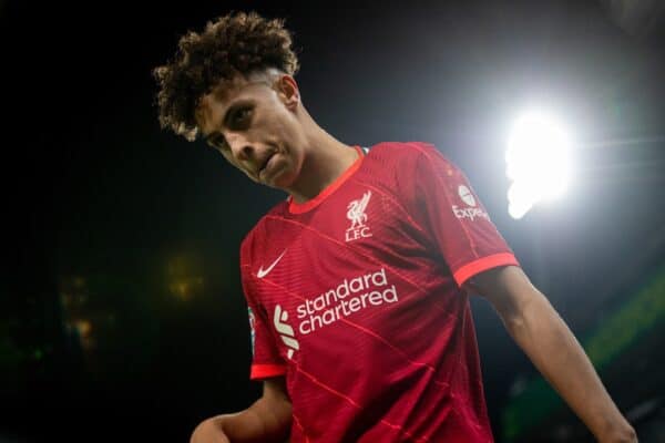 NORWICH, ENGLAND - Tuesday, September 21, 2021: Liverpool's Kaide Gordon during the Football League Cup 3rd Round match between Norwich City FC and Liverpool FC at Carrow Road. Liverpool won 3-0. (Pic by David Rawcliffe/Propaganda)