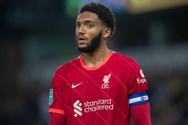 NORWICH, ENGLAND - Tuesday, September 21, 2021: Liverpool's captain Joe Gomez during the Football League Cup 3rd Round match between Norwich City FC and Liverpool FC at Carrow Road. Liverpool won 3-0. (Pic by David Rawcliffe/Propaganda)