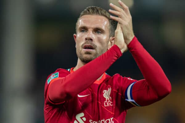 NORWICH, ENGLAND - Tuesday, September 21, 2021: Liverpool's captain Jordan Henderson applauds the travelling supporters after the Football League Cup 3rd Round match between Norwich City FC and Liverpool FC at Carrow Road. Liverpool won 3-0. (Pic by David Rawcliffe/Propaganda)