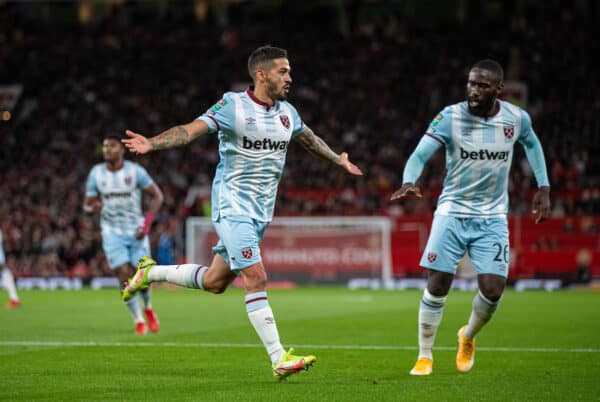 MANCHESTER, ENGLAND - Wednesday, September 22, 2021: West Ham United's Manuel Lanzini celebrates after scoring the first goal during the Football League Cup 3rd Round match between Manchester United FC and West Ham United FC at Old Trafford. (Pic by David Rawcliffe/Propaganda)