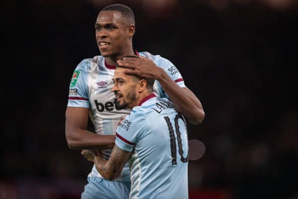 MANCHESTER, ENGLAND - Wednesday, September 22, 2021: West Ham United's Manuel Lanzini celebrates with team-mate Issa Diop (L) after scoring the first goal during the Football League Cup 3rd Round match between Manchester United FC and West Ham United FC at Old Trafford. (Pic by David Rawcliffe/Propaganda)