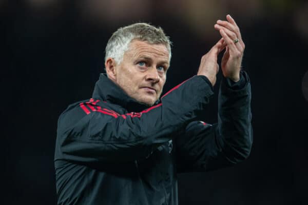 MANCHESTER, ENGLAND - Wednesday, September 22, 2021: Manchester United's manager Ole Gunnar Solskjær applauds the supporters after the Football League Cup 3rd Round match between Manchester United FC and West Ham United FC at Old Trafford. West Ham United won 1-0. (Pic by David Rawcliffe/Propaganda)