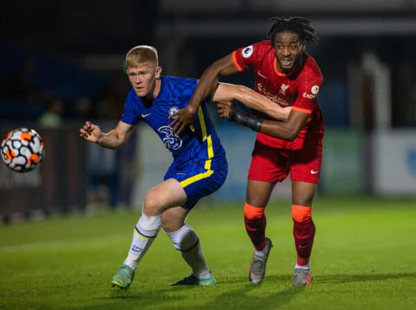 KINGSTON-UPON-THAMES, ENGLAND - Friday, September 24, 2021: Liverpool's James Balagizi (R) and Chelsea's Lewis Hall during the Premier League 2 Division 1 match between Chelsea FC Under-23's and Liverpool FC Under-23's at the Kingsmeadow Stadium. Chelsea won 4-3. (Pic by David Rawcliffe/Propaganda)