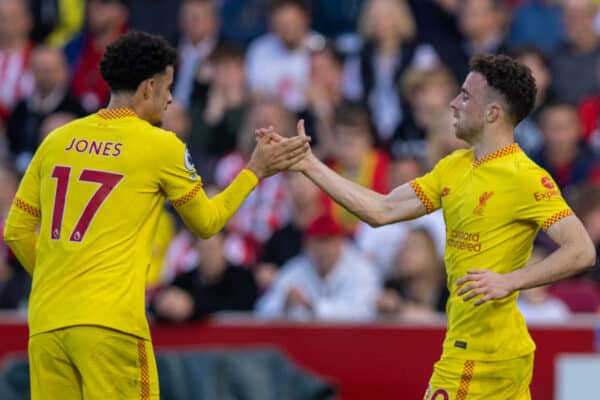 LONDON, ENGLAND - Saturday, September 25, 2021: Liverpool's Diogo Jota (R) celebrates with team-mate Curtis Jones after scoring the first goal during the FA Premier League match between Brentford FC and Liverpool FC at the Brentford Community Stadium. (Pic by David Rawcliffe/Propaganda)