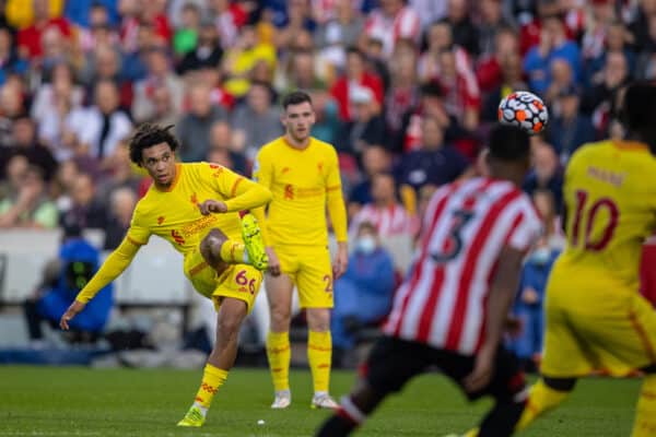 LONDON, ENGLAND - Saturday, September 25, 2021: Liverpool's Trent Alexander-Arnold takes a free-kick during the FA Premier League match between Brentford FC and Liverpool FC at the Brentford Community Stadium. (Pic by David Rawcliffe/Propaganda)