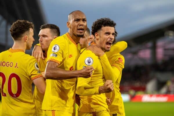 LONDON, ENGLAND - Saturday, September 25, 2021: Liverpool's Curtis Jones celebrates after scoring the third goal during the FA Premier League match between Brentford FC and Liverpool FC at the Brentford Community Stadium. (Pic by David Rawcliffe/Propaganda)