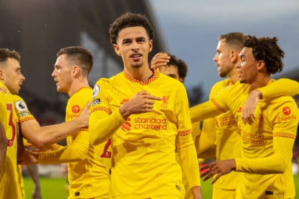 LONDON, ENGLAND - Saturday, September 25, 2021: Liverpool's Curtis Jones celebrates after scoring the third goal during the FA Premier League match between Brentford FC and Liverpool FC at the Brentford Community Stadium. (Pic by David Rawcliffe/Propaganda)