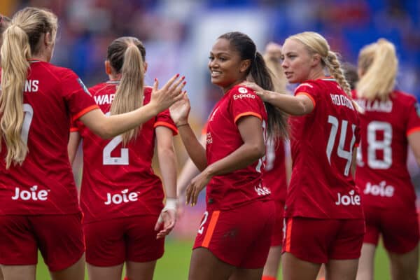 BIRKENHEAD, ENGLAND - Sunday, September 26, 2021: Liverpool's Taylor Hinds celebrates after scoring the first goal during the FA Women’s Championship Round 4 match between Liverpool FC Women and Crystal Palace FC Women at Prenton Park. (Pic by David Rawcliffe/Propaganda)