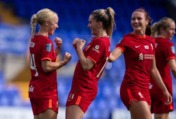 BIRKENHEAD, ENGLAND - Sunday, September 26, 2021: Liverpool's Ashley Hodson (L) celebrates with team-mate Melissa Lawley (R) after scoring the second goal during the FA Women’s Championship Round 4 match between Liverpool FC Women and Crystal Palace FC Women at Prenton Park. (Pic by David Rawcliffe/Propaganda)