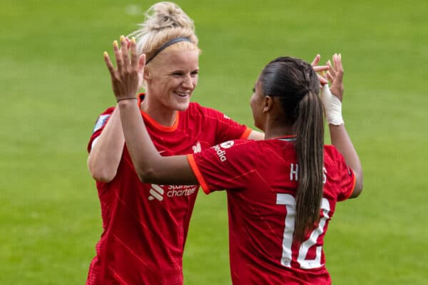 BIRKENHEAD, ENGLAND - Sunday, September 26, 2021: Liverpool's captain Jasmine Matthews (L) and Taylor Hinds celebrate after the FA Women’s Championship Round 4 match between Liverpool FC Women and Crystal Palace FC Women at Prenton Park. (Pic by David Rawcliffe/Propaganda)