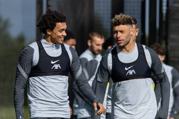 LIVERPOOL, ENGLAND - Monday, September 27, 2021: Liverpool's Trent Alexander-Arnold (L) and Alex Oxlade-Chamberlain during a training session at the AXA Training Centre ahead of the UEFA Champions League Group B Matchday 2 game between FC Porto and Liverpool FC. (Pic by David Rawcliffe/Propaganda)