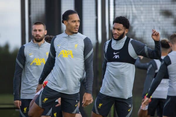 LIVERPOOL, ENGLAND - Monday, September 27, 2021: Liverpool's Virgil van Dijk (L) and Joe Gomez during a training session at the AXA Training Centre ahead of the UEFA Champions League Group B Matchday 2 game between FC Porto and Liverpool FC. (Pic by David Rawcliffe/Propaganda)