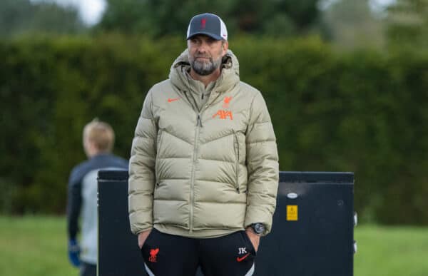 LIVERPOOL, ENGLAND - Monday, September 27, 2021: Liverpool's manager Jürgen Klopp during a training session at the AXA Training Centre ahead of the UEFA Champions League Group B Matchday 2 game between FC Porto and Liverpool FC. (Pic by David Rawcliffe/Propaganda)