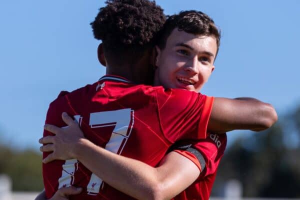 PORTO, PORTUGAL - Tuesday, September 28, 2021: Liverpool's substitute Melkamu Frauendorf (L) celebrates with team-mate Mateusz Musialowski after scoring the first equalising goal during the UEFA Youth League Group B Matchday 2 game between FC Porto Under-19's and Liverpool FC Under-19's at the Vila Nova de Gaia Stadium. (Pic by David Rawcliffe/Propaganda)