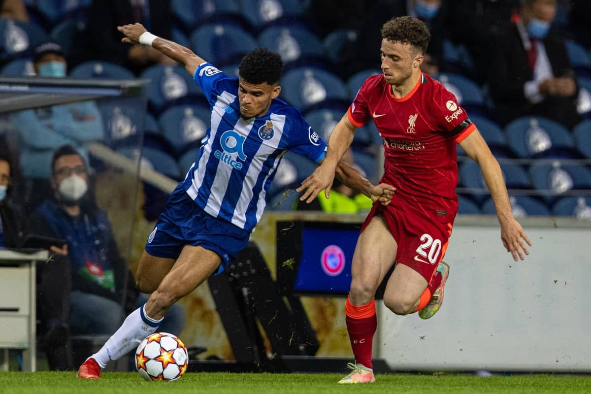 LIVERPOOL, ENGLAND - Wednesday, November 24, 2021: FC Porto's Luis Diaz during the UEFA Champions League Group B Matchday 5 game between Liverpool FC and FC Porto at Anfield. Liverpool won 2-0. (Pic by David Rawcliffe/Propaganda)