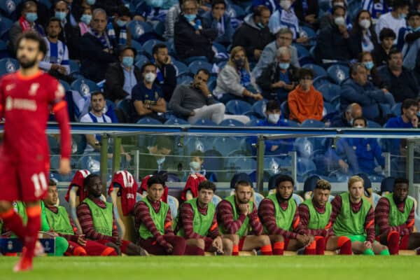 PORTO, PORTUGAL - Tuesday, September 28, 2021: Liverpool's substitutes' bench during the UEFA Champions League Group B Matchday 2 game between FC Porto and Liverpool FC at the Estádio do Dragão. Liverpool won 5-1. (Pic by David Rawcliffe/Propaganda)