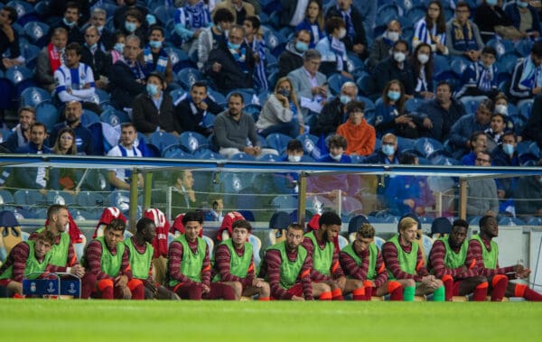 PORTO, PORTUGAL - Tuesday, September 28, 2021: Liverpool substitutes during the UEFA Champions League Group B Matchday 2 game between FC Porto and Liverpool FC at the Estádio do Dragão. Liverpool won 5-1. (Pic by David Rawcliffe/Propaganda)