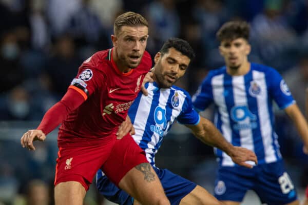 PORTO, PORTUGAL - Tuesday, September 28, 2021: Liverpool's captain Jordan Henderson during the UEFA Champions League Group B Matchday 2 game between FC Porto and Liverpool FC at the Estádio do Dragão. Liverpool won 5-1. (Pic by David Rawcliffe/Propaganda)