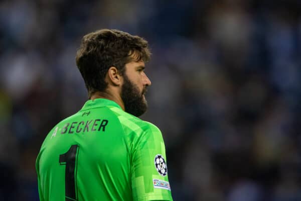 PORTO, PORTUGAL - Tuesday, September 28, 2021: Liverpool's goalkeeper Alisson Becker during the UEFA Champions League Group B Matchday 2 game between FC Porto and Liverpool FC at the Estádio do Dragão. Liverpool won 5-1. (Pic by David Rawcliffe/Propaganda)