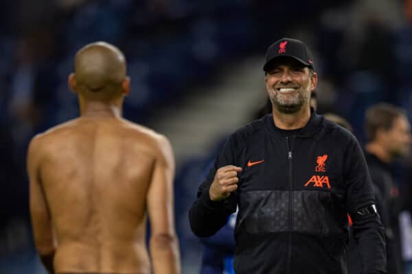 PORTO, PORTUGAL - Tuesday, September 28, 2021: Liverpool's manager Jürgen Klopp (R) celebrates withFabio Henrique Tavares 'Fabinho' after the UEFA Champions League Group B Matchday 2 game between FC Porto and Liverpool FC at the Estádio do Dragão. Liverpool won 5-1. (Pic by David Rawcliffe/Propaganda)