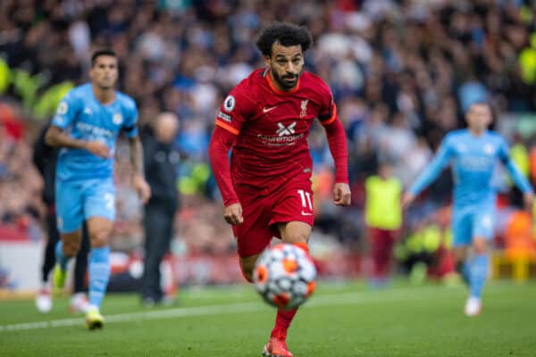 LIVERPOOL, ENGLAND - Sunday, October 3, 2021: Liverpool's Mohamed Salah during the FA Premier League match between Liverpool FC and Manchester City FC at Anfield. The game ended in a 2-2 draw. (Pic by David Rawcliffe/Propaganda)