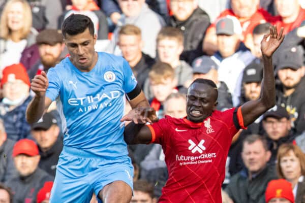 LIVERPOOL, ENGLAND - Sunday, October 3, 2021: Liverpool's Sadio Mané (R) and Manchester City's Rúben Dias during the FA Premier League match between Liverpool FC and Manchester City FC at Anfield. The game ended in a 2-2 draw. (Pic by David Rawcliffe/Propaganda)